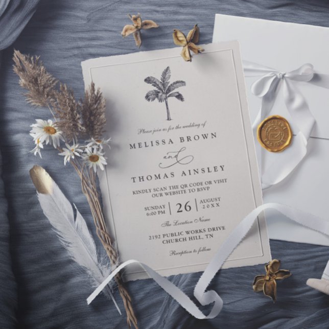 Convite Palm Tree Minimalist Destination QR Code Wedding (Criador carregado)