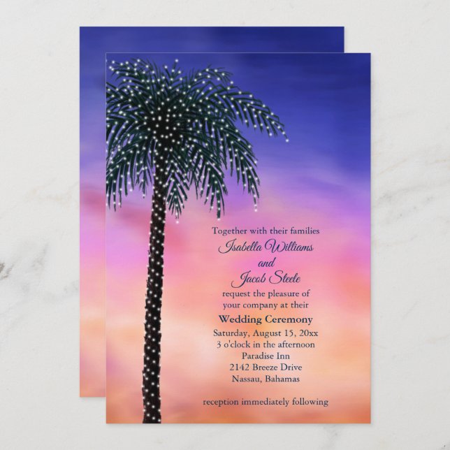 Convite Palm Tree Sunset Casamento das Luzes de String Con (Frente/Verso)