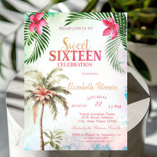 Convite Palm Tree Tropical Flores Summer Sweet 16 Party
