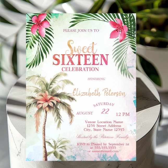 Convite Palm Tree Tropical Flores Summer Sweet 16 Party (Criador carregado)