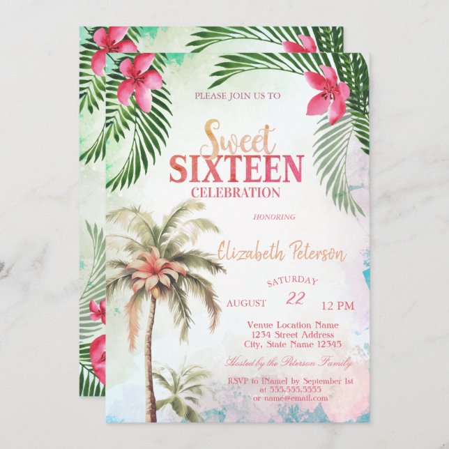 Convite Palm Tree Tropical Flores Summer Sweet 16 Party (Frente/Verso)