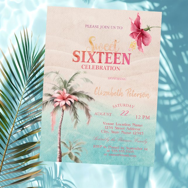 Convite Palm Tree Tropical Hibiscus Summer Sweet 16 Party (Criador carregado)