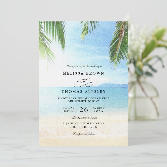 Convite Palm Tree Tropical Island Beach QR Code Wedding (Em pé/Frente)