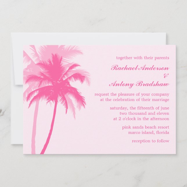 Convite Palm Trees Beach e Summer Wedes, cor-de-rosa (Frente)