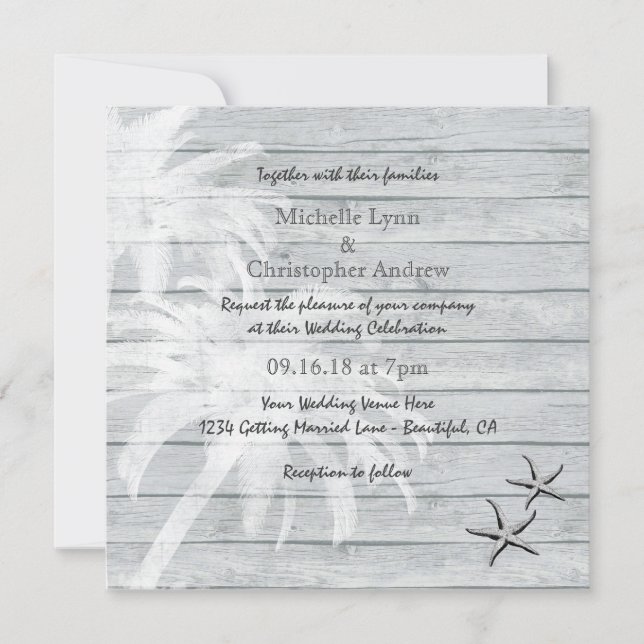 Convite Palm Trees e Starfish Wood Beach Weding Invite (Frente)