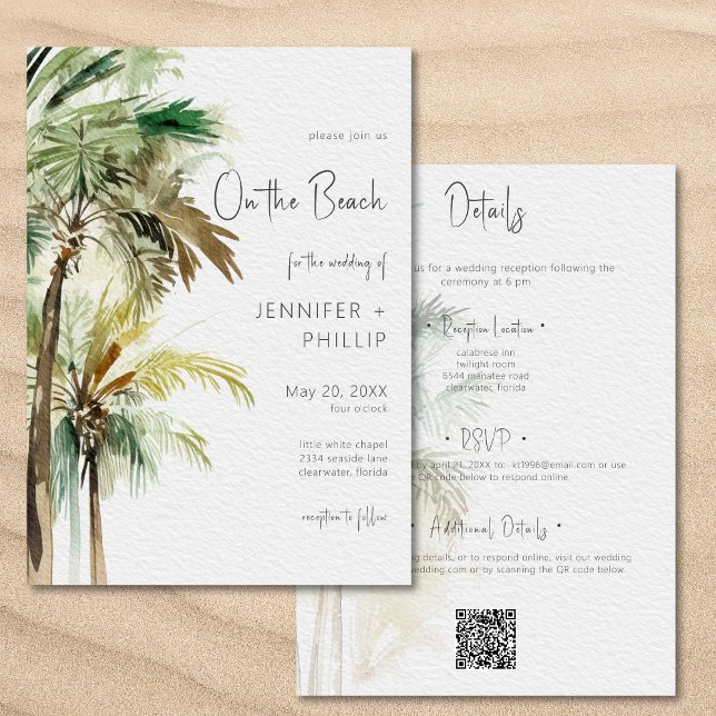 Convite Palm Trees Modern No Casamento Da Praia Dois Lados (Palm Trees Modern On the Beach Wedding Two Sided Invitation)