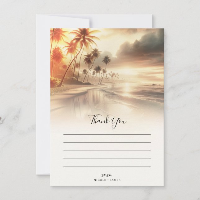 Convite Palm Trees & Orange Sunset Beach Casamento Obrigad (Frente)