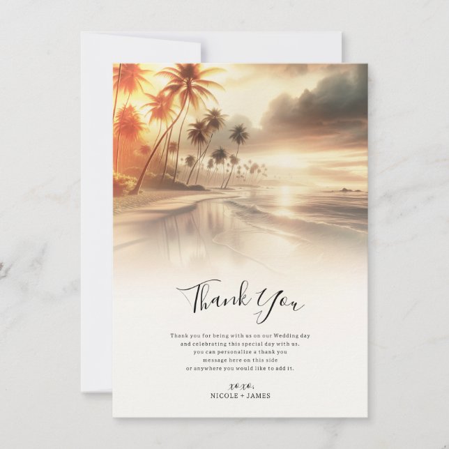 Convite Palm Trees & Orange Sunset Beach Casamento Obrigad (Frente)