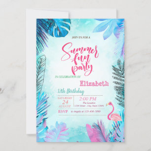 Convite Palma Azul Deixa Flamingo Cor-de-Rosa, Aniversário