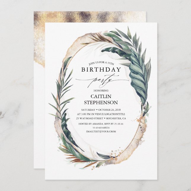 Convite Palma de praia tropical sai e aniversário Dourado (Frente/Verso)