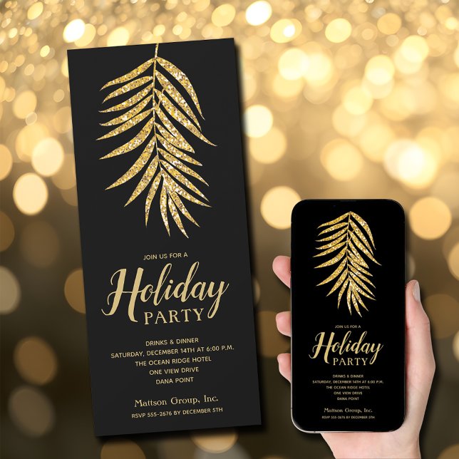 Convite Palma Dourada de reluz no Natal Negro (Gold Glitter Palm on Black Christmas Party Invitations - INSTANT DOWNLOAD and/or PRINTED)