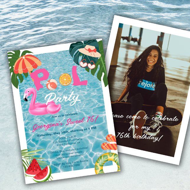 Convite Palma Tropical Deixa Piscina Festa Doce 16 Anivers (Tropical Palm Leaves Pool Party Girl Sweet 16 Birthday Invitation)