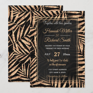 Convite Palma tropical Dourada elegante deixa Design preto