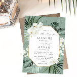Convite Palma Tropical e Casamento Floral Branco V2B LNM V<br><div class="desc">Seus novos convites para o casamento apresentam folhas de palma pintadas com aquarelas e flores brancas, de orquídeas, com verdes senosos e verdes de menta. Um toque de ouro completa seu design luxo de convite para casamento. É excelente para Casamentos Tropicais, Casamentos Boho, casamentos de praia, casamentos de verão, casamentos...</div>