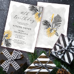 Convite Palma Tropical Preta aniversário de 40 anos Dourad<br><div class="desc">O chá de panela de palma tropical elegante e chic apresenta dois arranjos de folhas de palma desenhadas por linha preta e folhagem dourada. O título de aniversário é escrito em um roteiro moderno e aberto. Uma lavagem aquosa de cinza macia e romântica puxa a design na frente e atrás....</div>