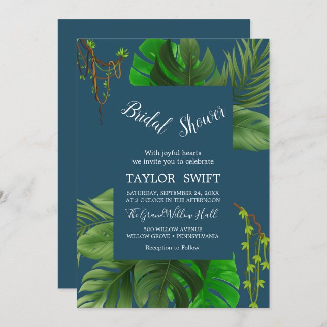 Convite Palma tropical selvagem | Chá de panela azul Marin (Frente/Verso)