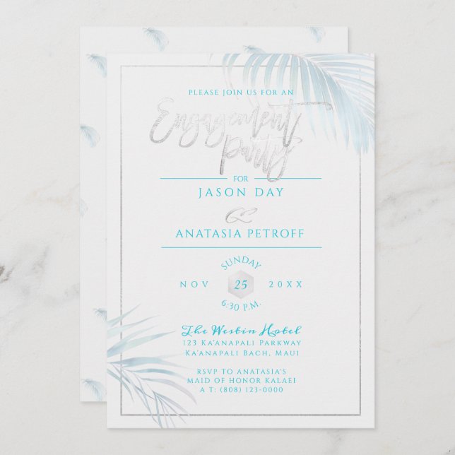 Convite Palmas Azul+Prateado PixDezines, Festa de noivado (Frente/Verso)