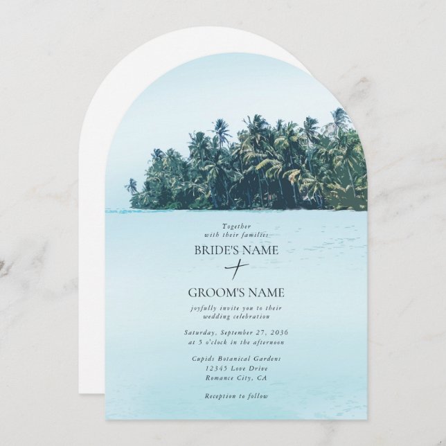 Convite Palmas de Aquarela Tropical & Casamento de Praia (Frente/Verso)