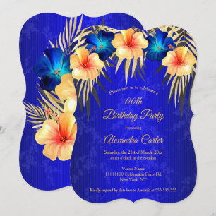 Convite Palmas de Hibisco Azul Ouro Damasco Festa de Anive