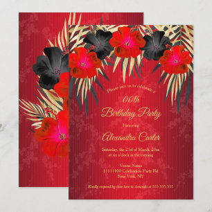 Convite Palmas de Hibisco Damasco Preto Vermelho Dourado A