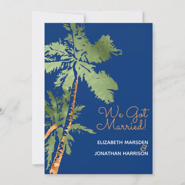 Convite Palmas tropicais Recepção Recem casados Azul Escur (Frente)