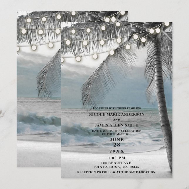 Convite Palmeira Branca de Coco & Iluminação Casamento na  (Frente/Verso)