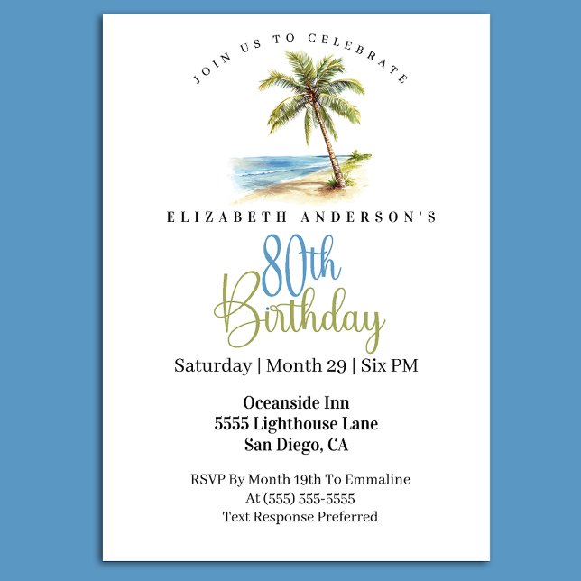 Convite Palmeira da Praia 80º Aniversário (Elegant tropical beach palm tree 80th birthday invitation with coastal ocean theme )