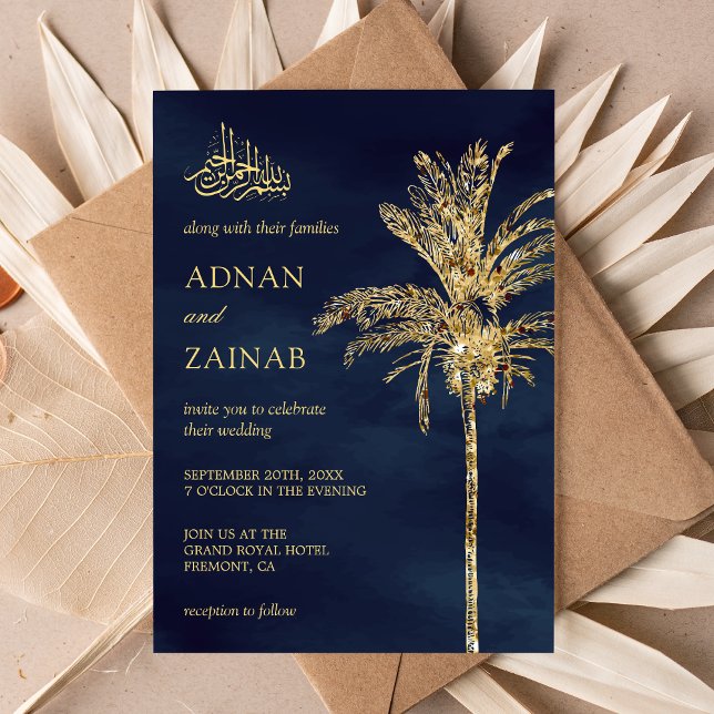 Convite Palmeira Data Brilho Azul e Dourado Casamento Muçu (Criador carregado)