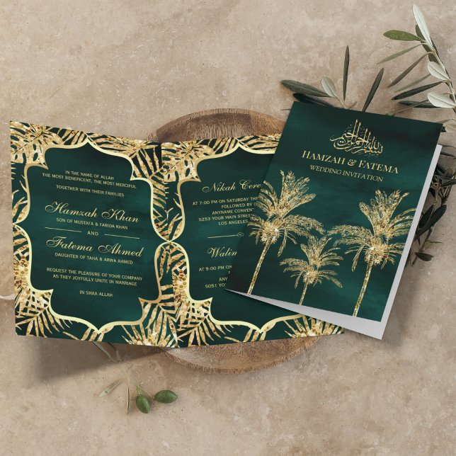 Convite Palmeira Data com Brilho Verde e Dourado Casamento (Criador carregado)