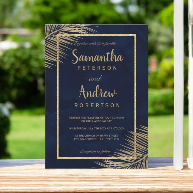 Convite Palmeira de ouro tropical praia marinho casamento  (Tropical gold palm tree beach navy blue wedding 2 invitation)