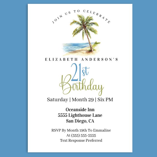 Convite Palmeira de Praia Aniversário de 21 anos (Tropical beach 21st birthday invitation with watercolor palm tree ocean scene coastal party)