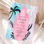 Convite Palmeira de praia tropical Sweet 16<br><div class="desc">Uma praia tropical recebeu um doce convite de dezesseis anos com uma prancha rosa legal com palmeiras tropicais editáveis,  folhas de palma,  em uma lavagem de cor azul-d-água roxa,  adicione sua foto no verso. Perfeito para a doce festa 16 da Summer.</div>