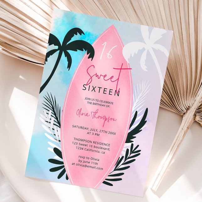 Convite Palmeira de praia tropical Sweet 16 (Tropical beach surfboard palm tree Sweet 16 Invitation)