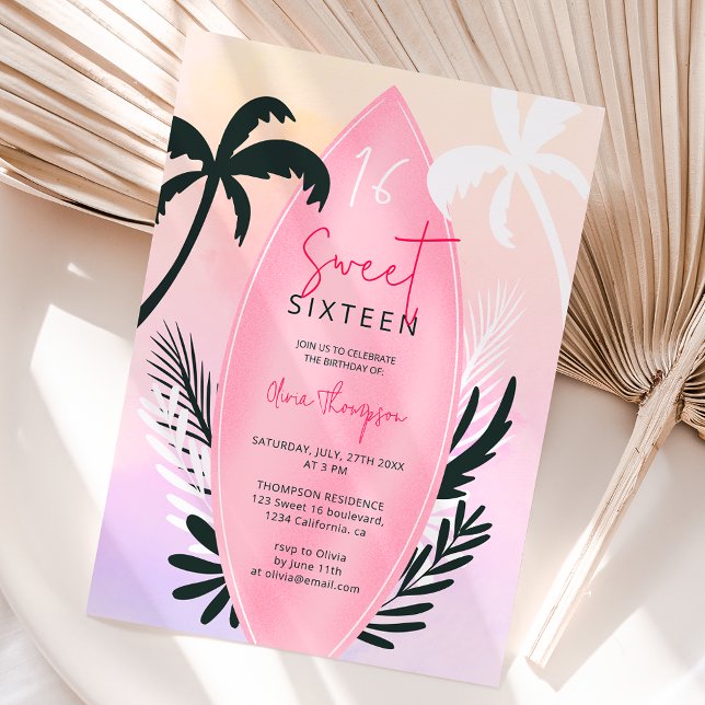 Convite Palmeira de praia tropical Sweet 16 (Tropical beach surfboard palm tree Sweet 16 Invitation)