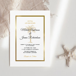 Convite Palmeira Dourada Branca Tropical Casamento Moderno