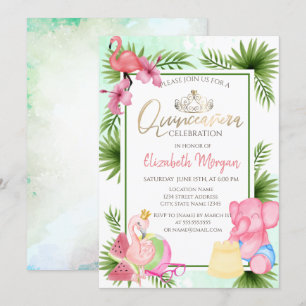 Convite Palmeira Melancia Flamingo Elefante Quinceañera