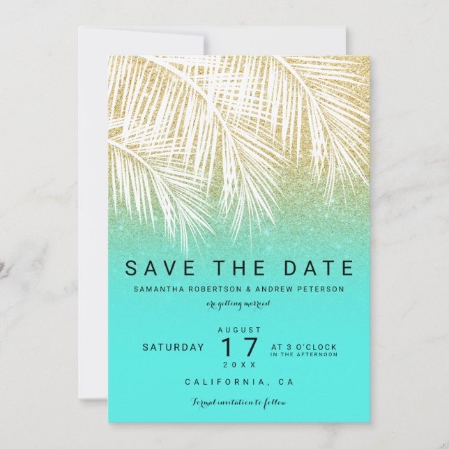 Convite Palmeira moderna dourada aqua salvar a data (Frente)