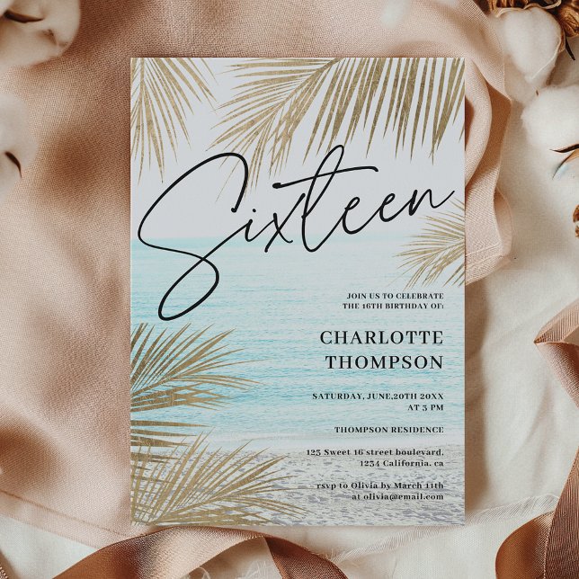 Convite Palmeira-palmeira-de-ouro-tropical, guião-praia Sw (Tropical gold palm tree beach script Sweet 16 Invitation)