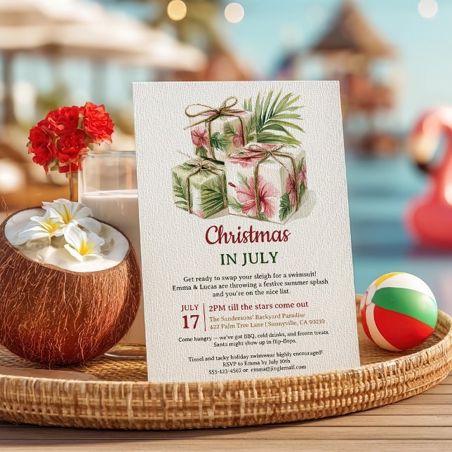 Convite Palmeira tropical presente o Natal de Luau na Fest (Tropical Palm Gifts Luau Christmas in July Party Invitation)