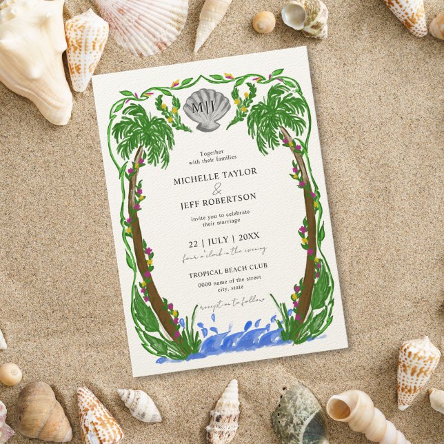 Convite Palmeiras Caprichosas Praia Oceano (hand drawn palm trees with a shell, in the form of a crest, for the beach wedding)