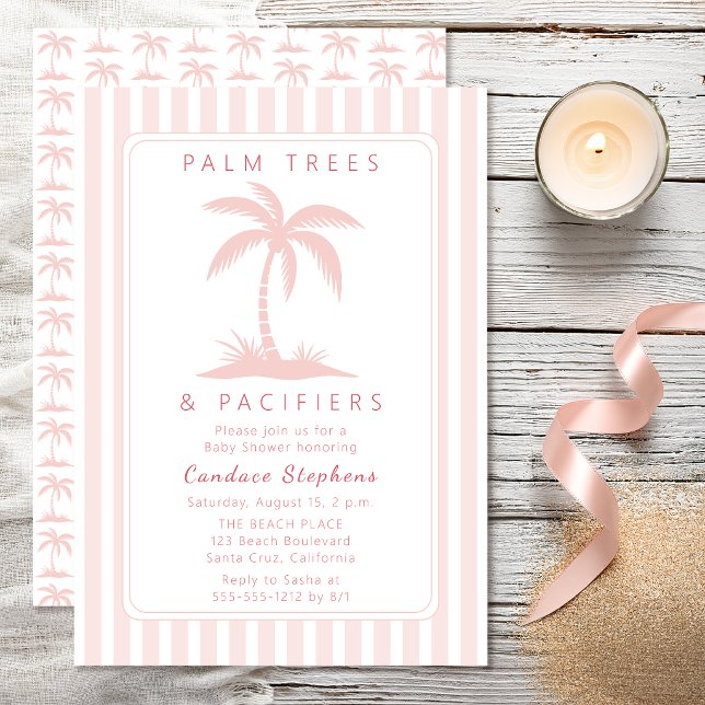 Convite Palmeiras e Chupetas Rosa Celebração de Bebê à Bei (Elegant pink palm tree "Palm Trees and Pacifiers" baby shower invitation with preppy coastal stripes)