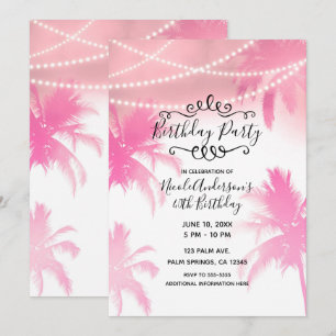 Convite Palmeiras Rosa Tropical e Luzes Festa de Aniversár