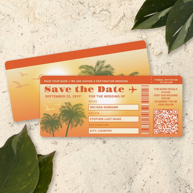 Convite Palmeiras Sunset Palm Tres Faux Embarcar Passagem  (This design is ideal for destination weddings or beach weddings, for example.)