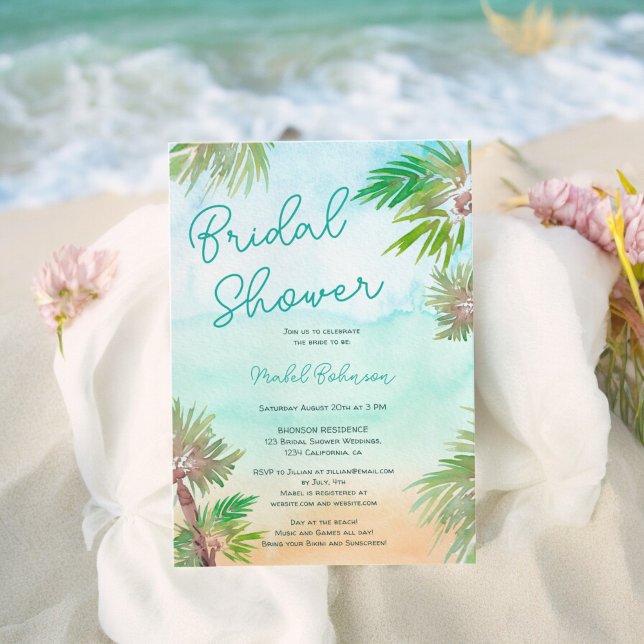 Convite Palmeiras tropicais chá de panela de praia de aqua (Tropical palm trees watercolor beach bridal shower invitation)