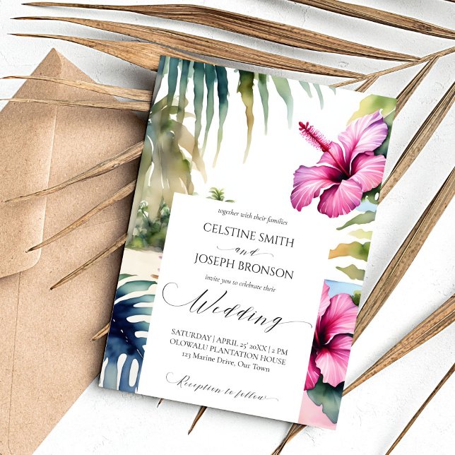 Convite Palmeiras tropicais de praia hibiscus modelo de ca (Tropical beach wedding template invitation digital download palm trees leaves pink hibiscus)