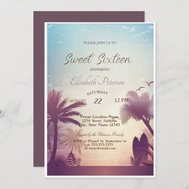 Convite Palms Beach Surfboard Sweet 16 Party (Frente/Verso)