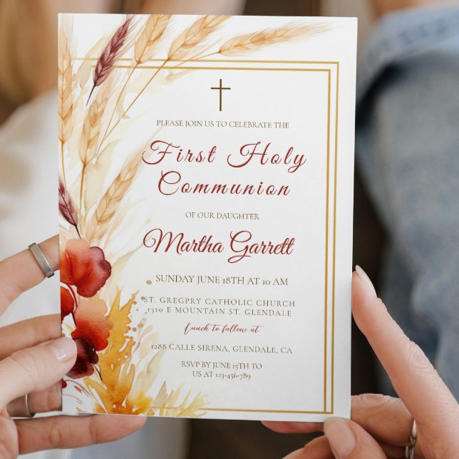 Convite Pampas Autumn Beige Girls First Santa Comunhão (Criador carregado)