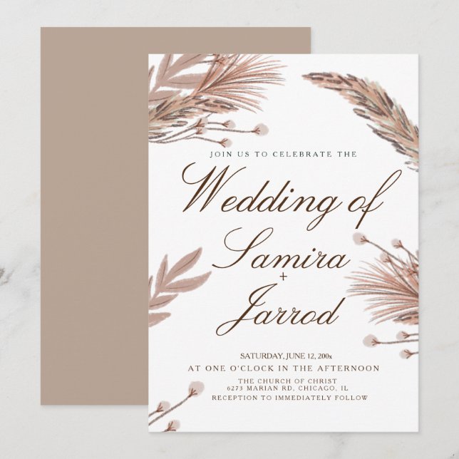 Convite Pampas Botânicas Desenhadas à Mão Casamento Botâni (Frente/Verso)