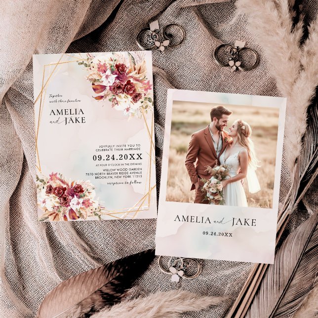 Convite Pampas Burgundy Floral Geometric Wedding (Criador carregado)