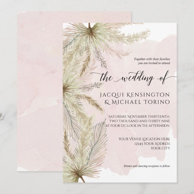 Convite Pampas de aquarela Palm Greenerescência c Rosa Pid (Frente/Verso)